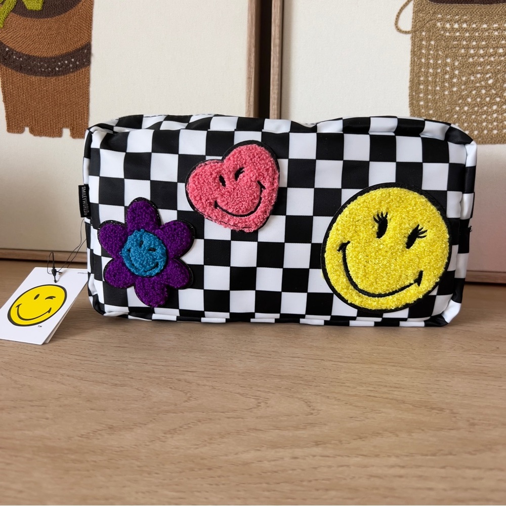 NWT - Smiley World Checkered Makeup Pouch with Flowers and Heart Patches